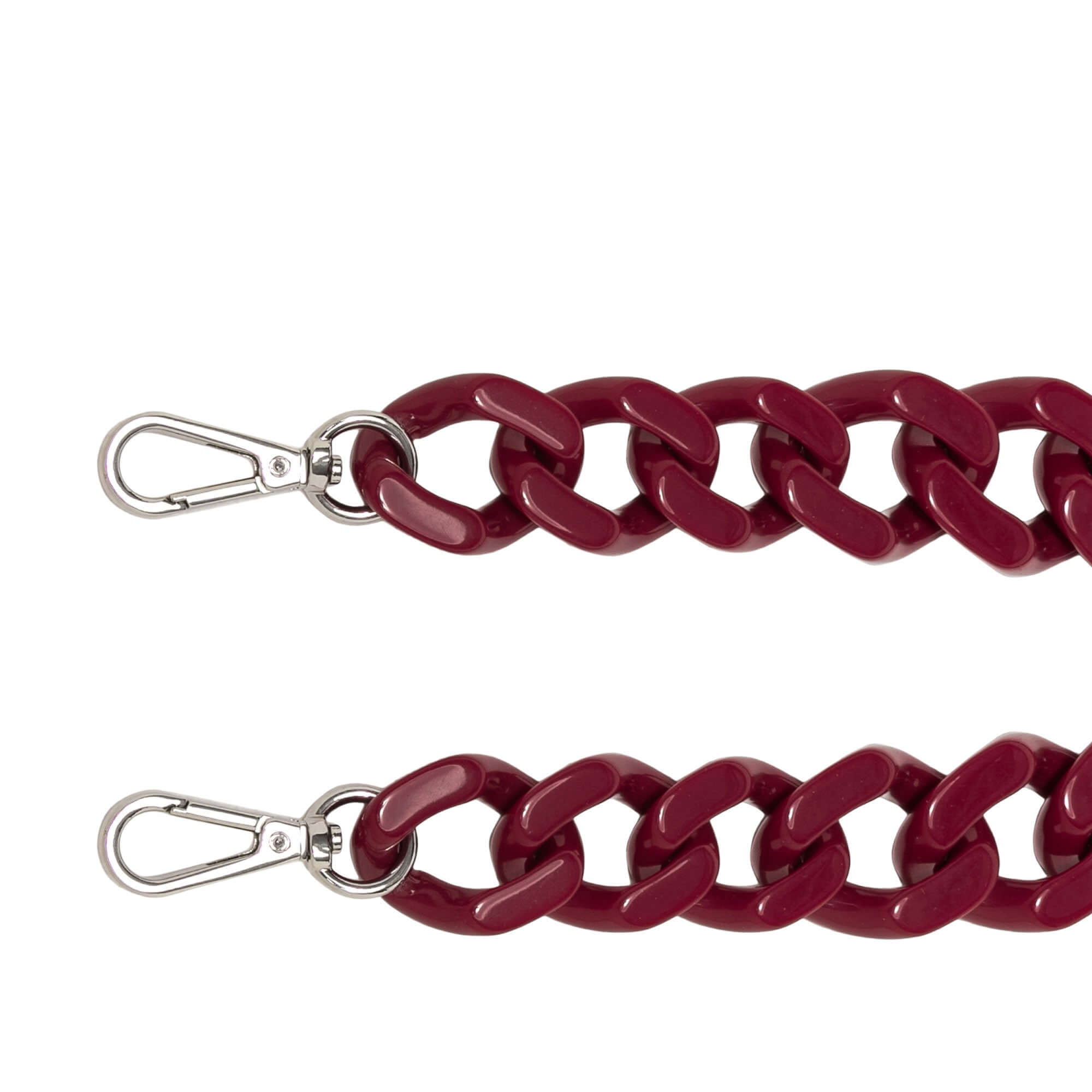 Tracolla Helena Shiny in resina rossa con moschettoni in acciaio, perfetta per accessori moda.