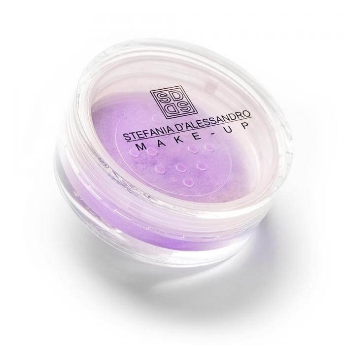 Ombretto Frosty Violet in polvere viola perlato, per un effetto brillante e iridescente, contenuto in un barattolo trasparente.