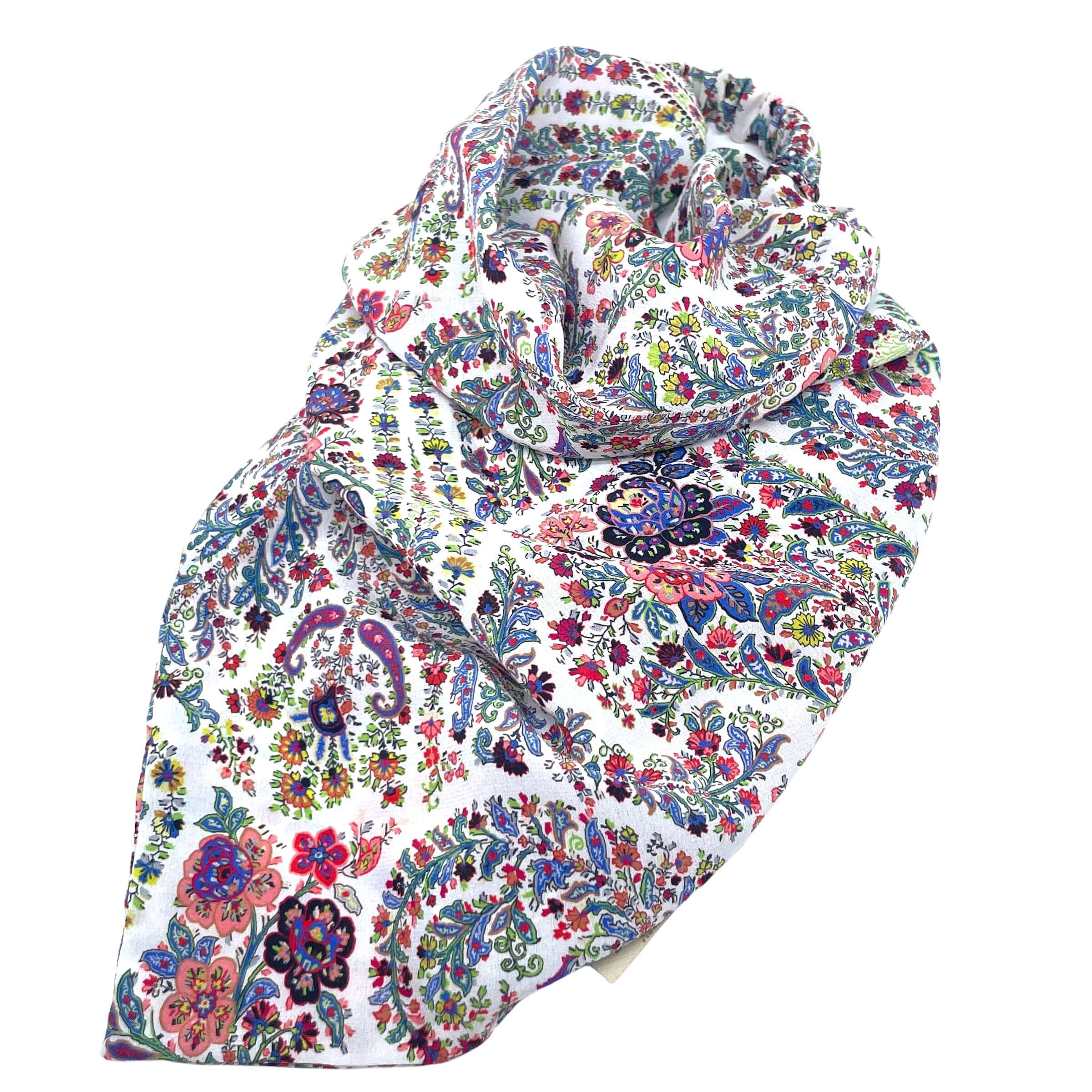 Fascia bandana con elastico bianco a fantasia di fiori, realizzata in 100% seta colorata e leggera.