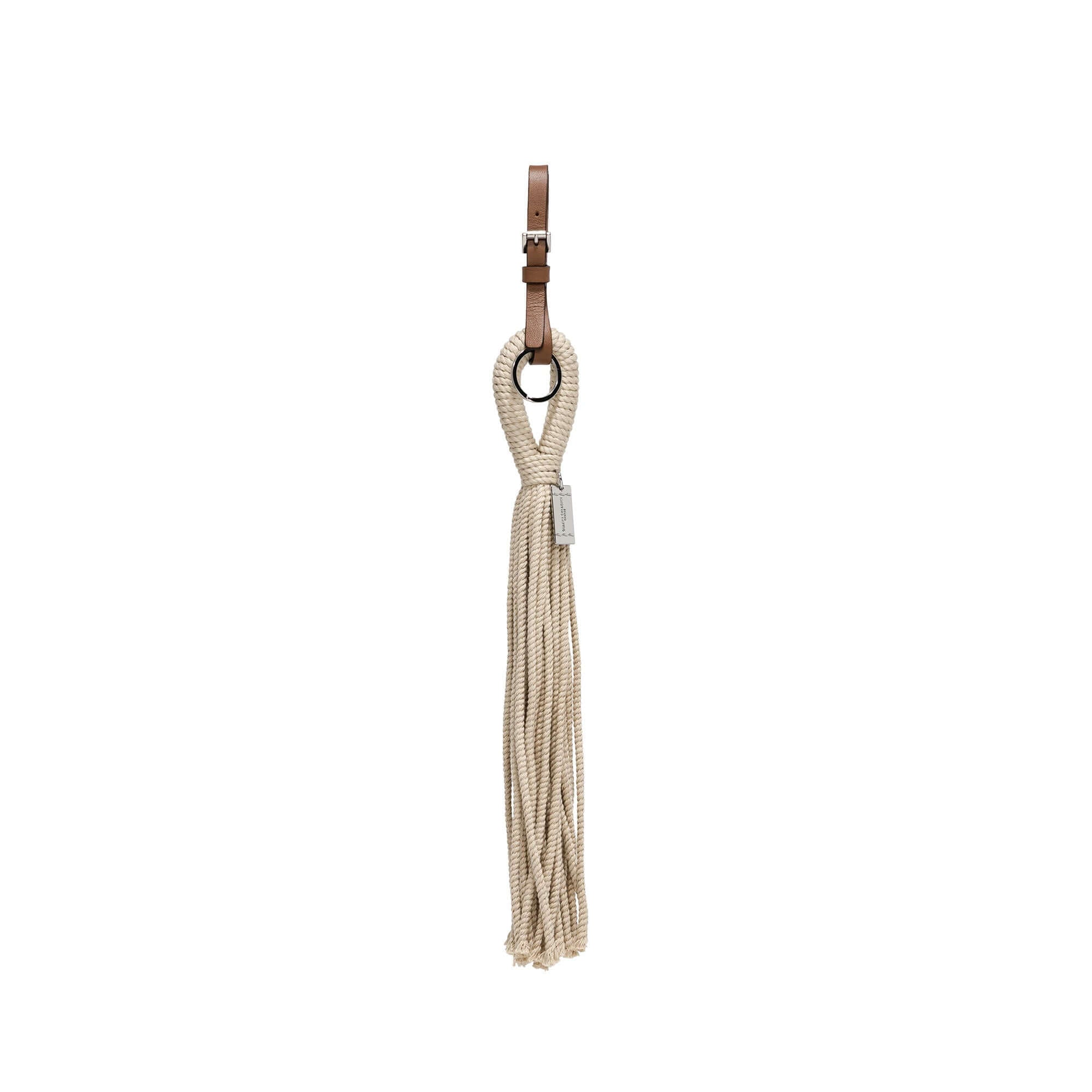 Funny Fringes keychain with rope design and leather strap, ideal accessory for bags, size 43cm.