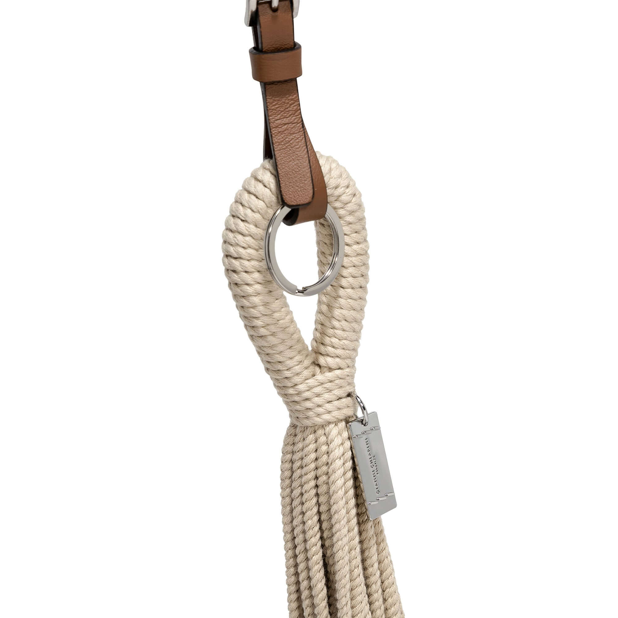 Keychain with a sailor knot design and fringe, featuring a leather strap and metal ring, ideal for enhancing bags.