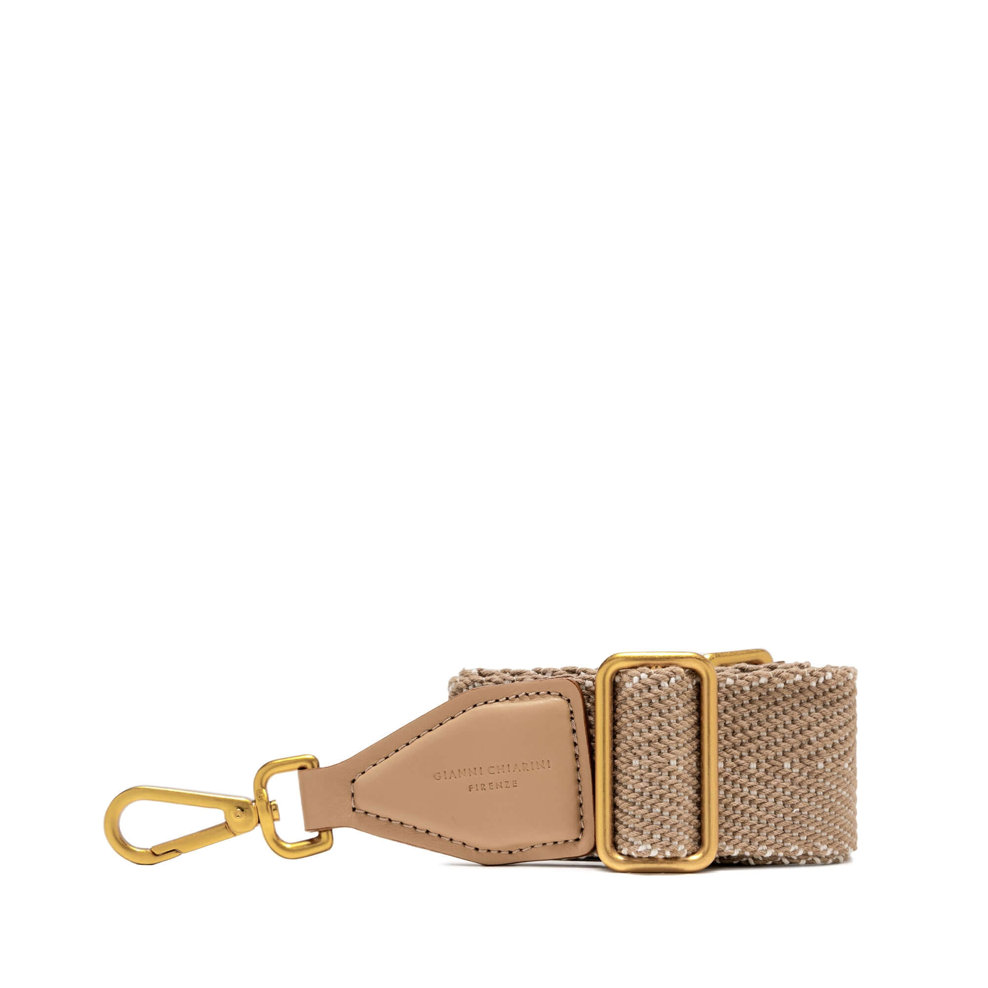 Tracolla Spiga Gianni Chiarini in tessuto spigato con dettagli in pelle e moschettoni metallici, lunghezza regolabile.