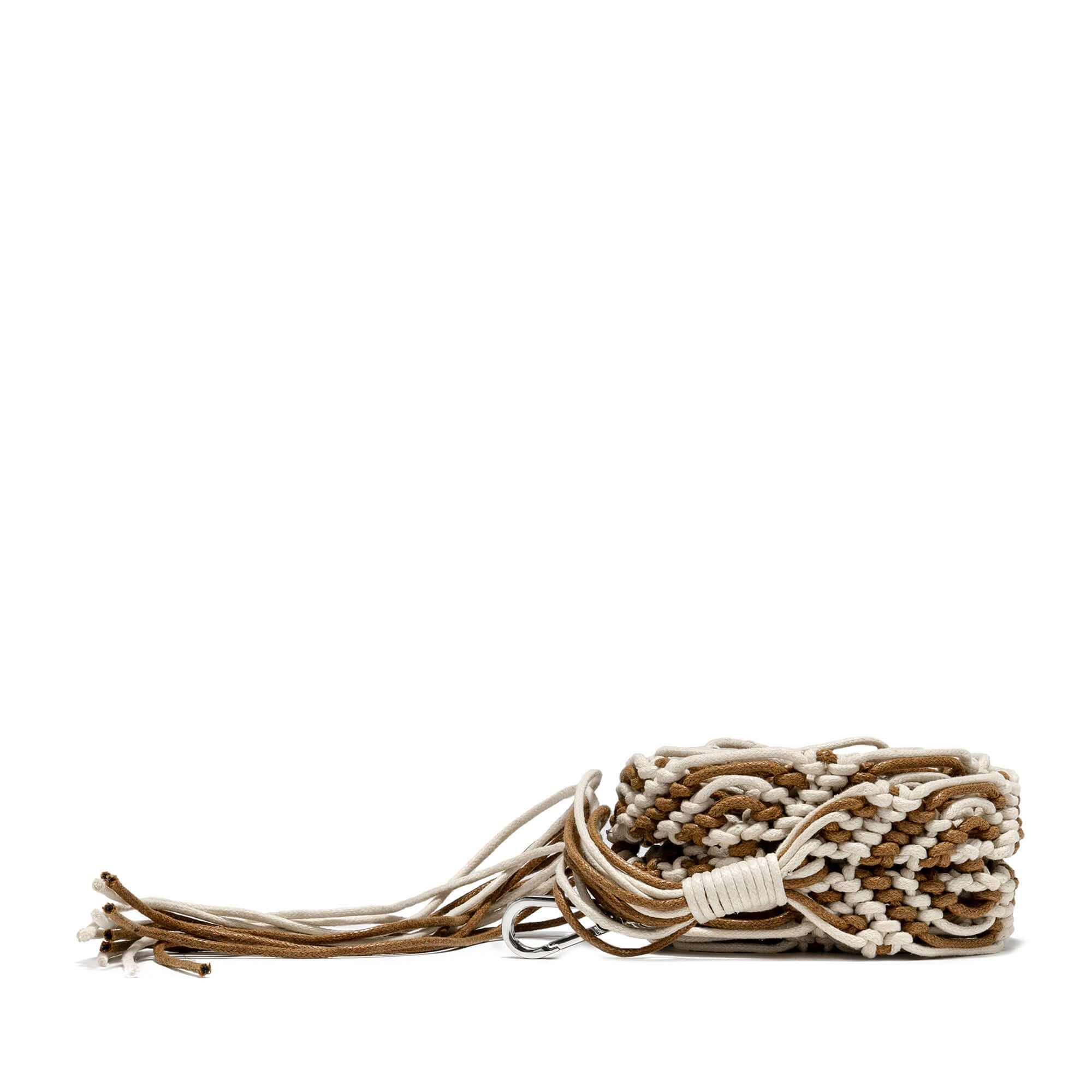 Tracolla Macramè by Gianni Chiarini, woven fabric strap with fringed end, featuring two clips for attachment.