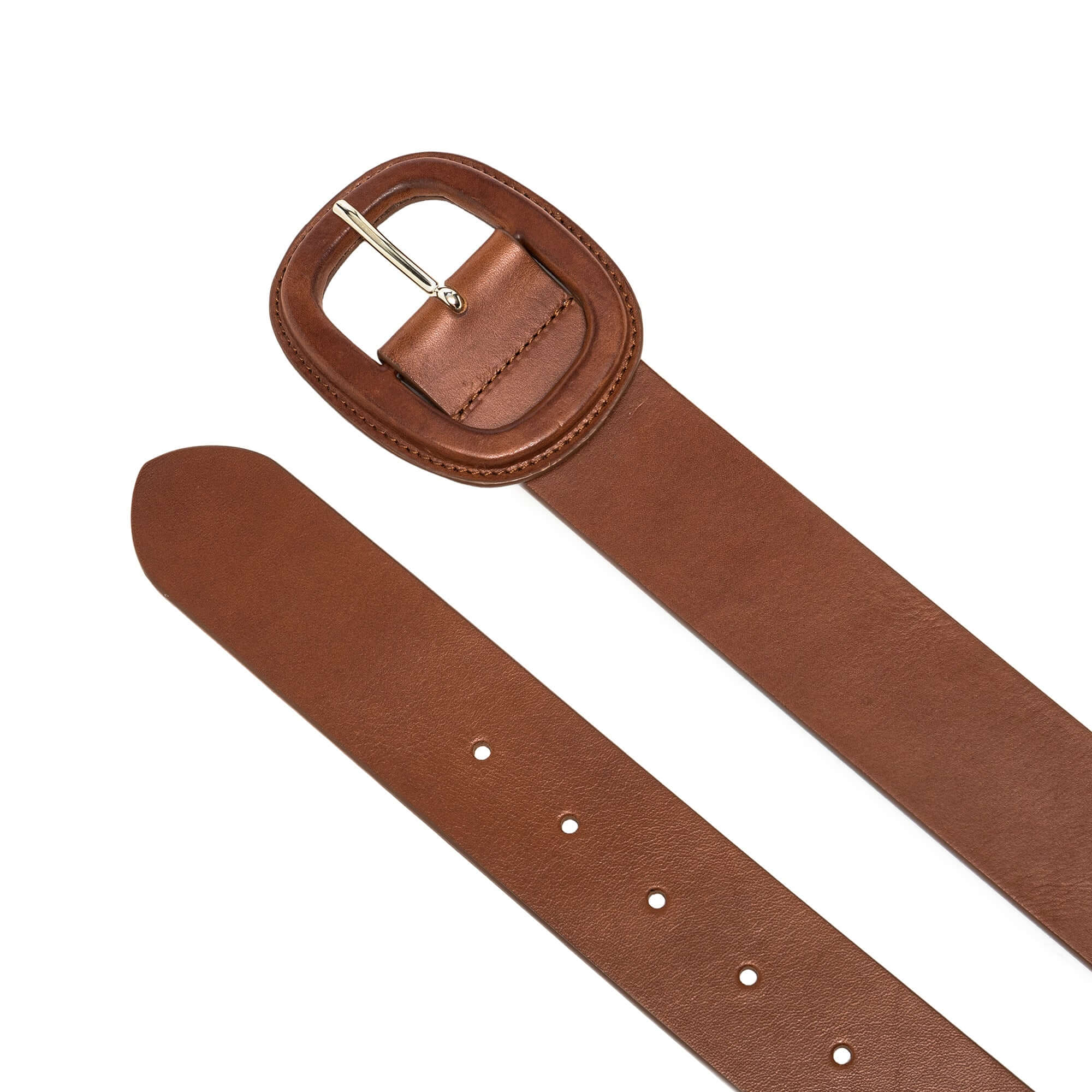 Cintura in pelle liscia marrone con fibbia stile anni '70, taglia 85, realizzata in cuoio monocolore.