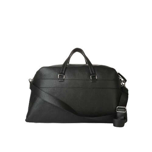 Borsone da viaggio in pelle nera, tracolla regolabile, chiusura a zip, tasche esterne e interne, made in Italy.