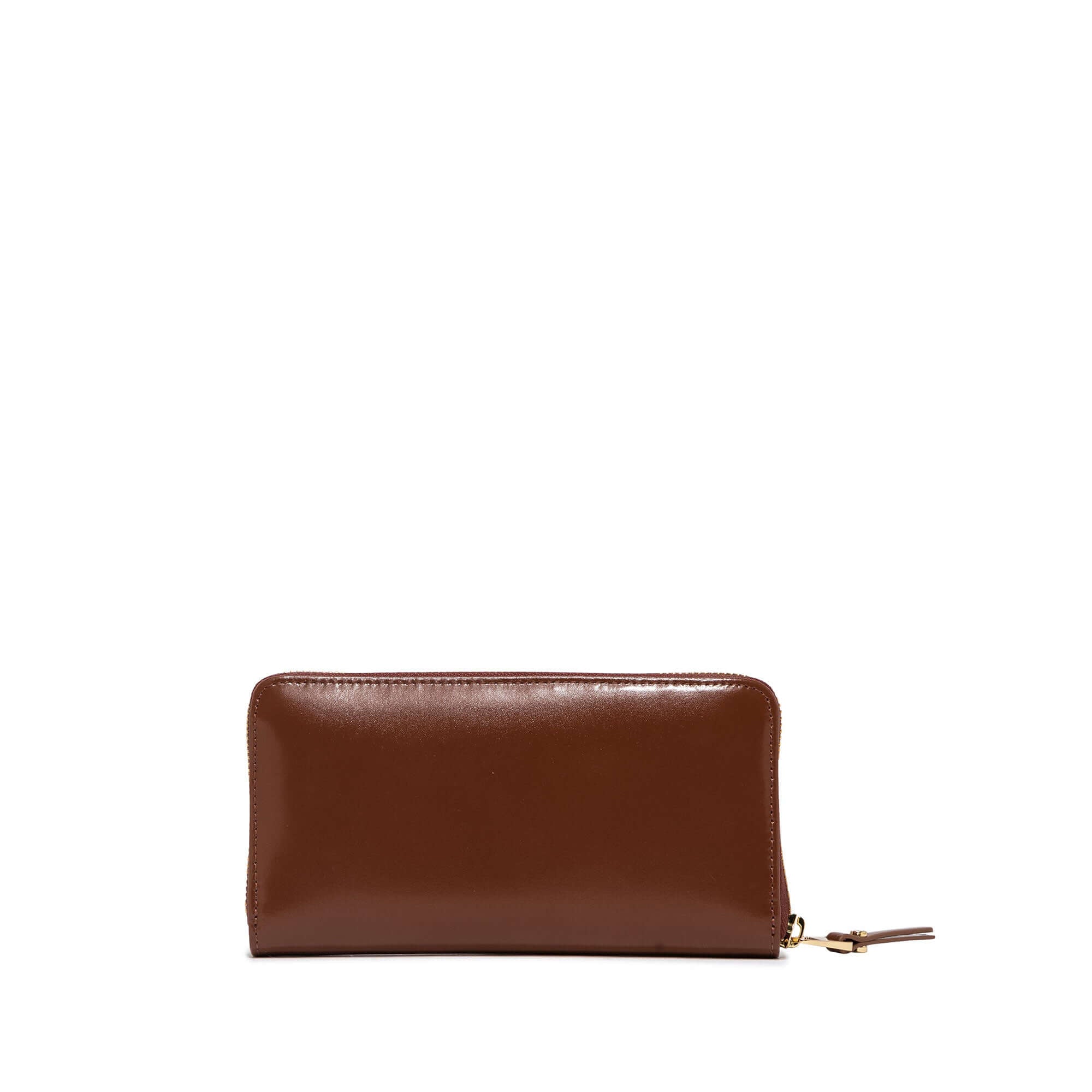 Wallets Clux: Compact brown leather wallet with zip, four compartments, and card slots. Dimensions 19x10x2 cm.