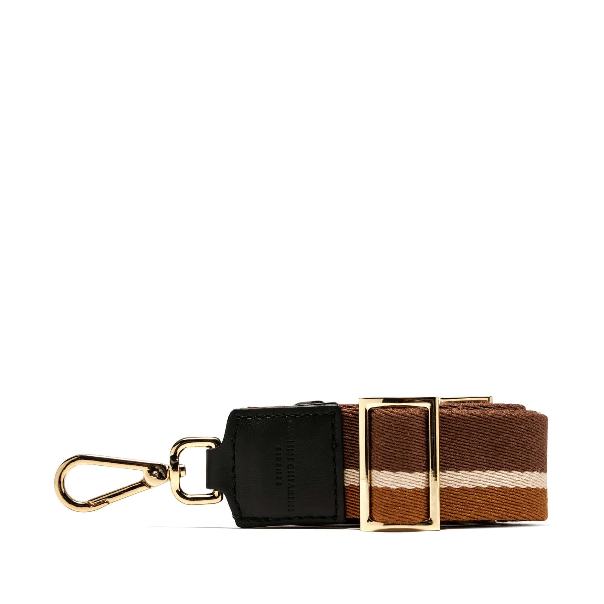 Tracolla Multi3 Gianni Chiarini in tessuto multicolore con moschettoni metallici e inserti in pelle, estendibile.