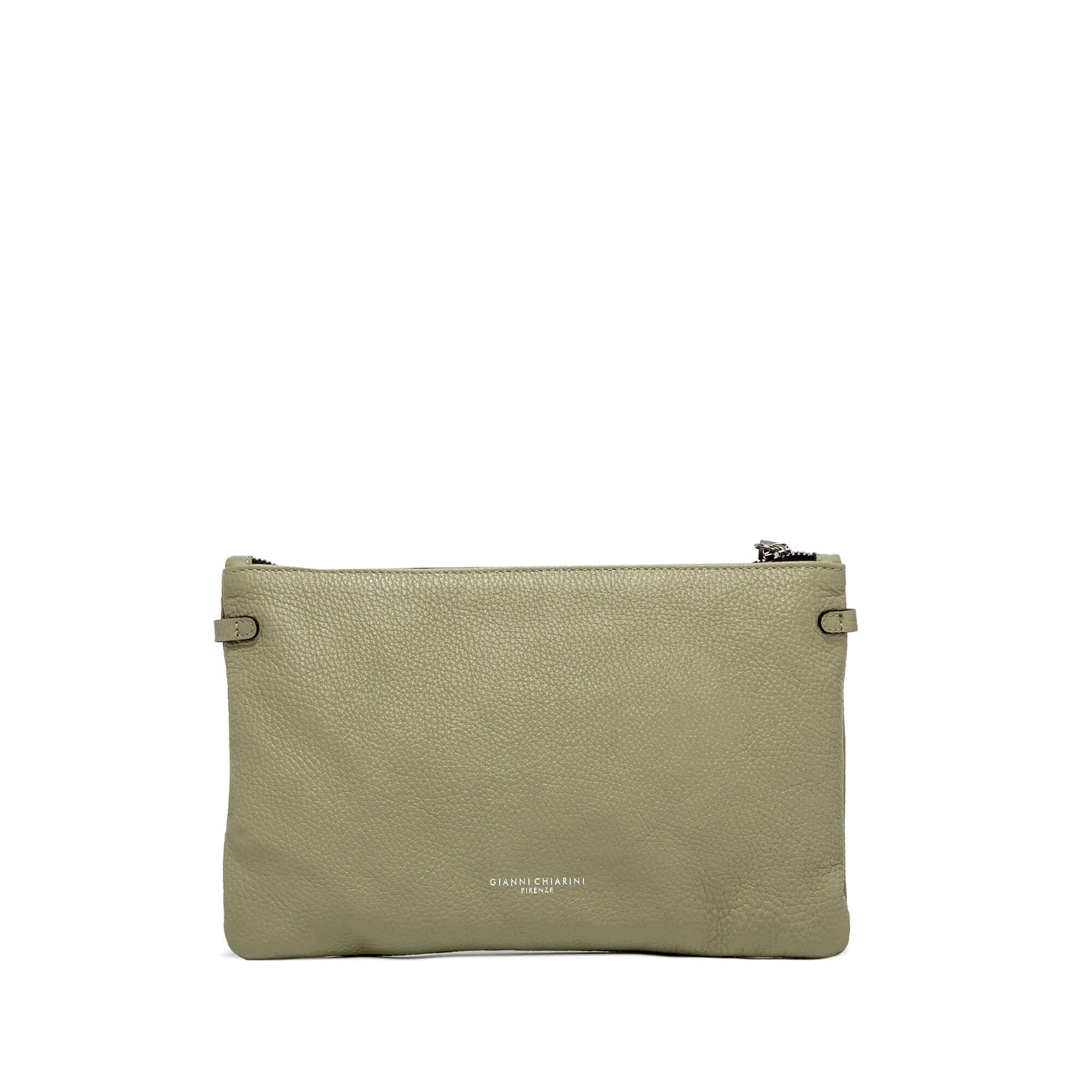 Hermy green hammered leather clutch with zipper detail and removable strap, dimensions 28x18x2 cm.