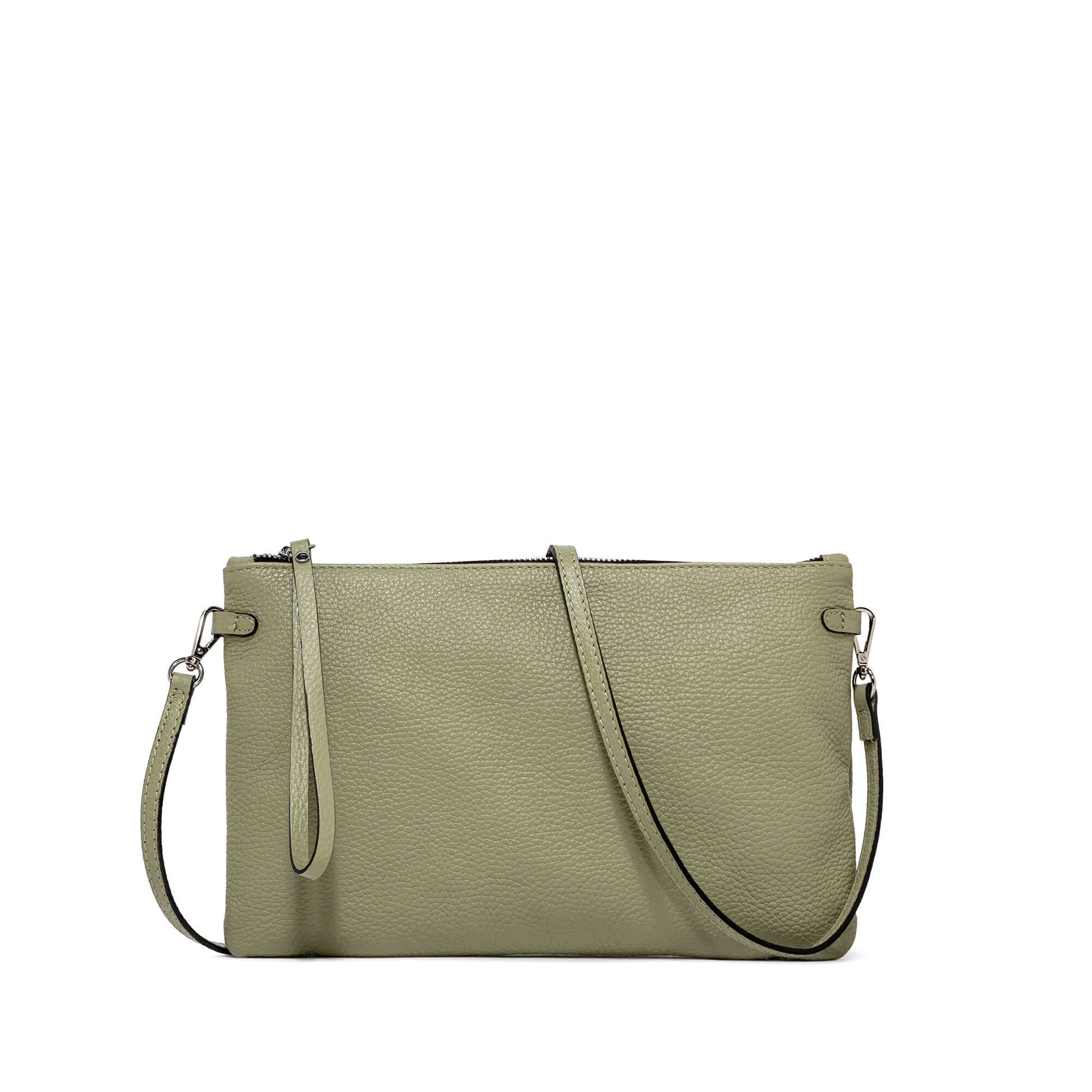 Green hammered leather bag with contrast zipper and removable shoulder strap, dimensions 28x18x2 cm.