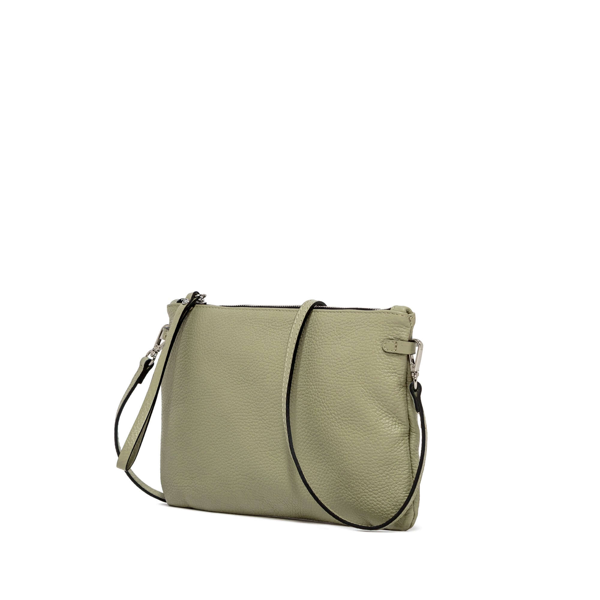 Stylish green leather bag with a contrasting zip, removable shoulder strap, dimensions 28x18x2 cm.