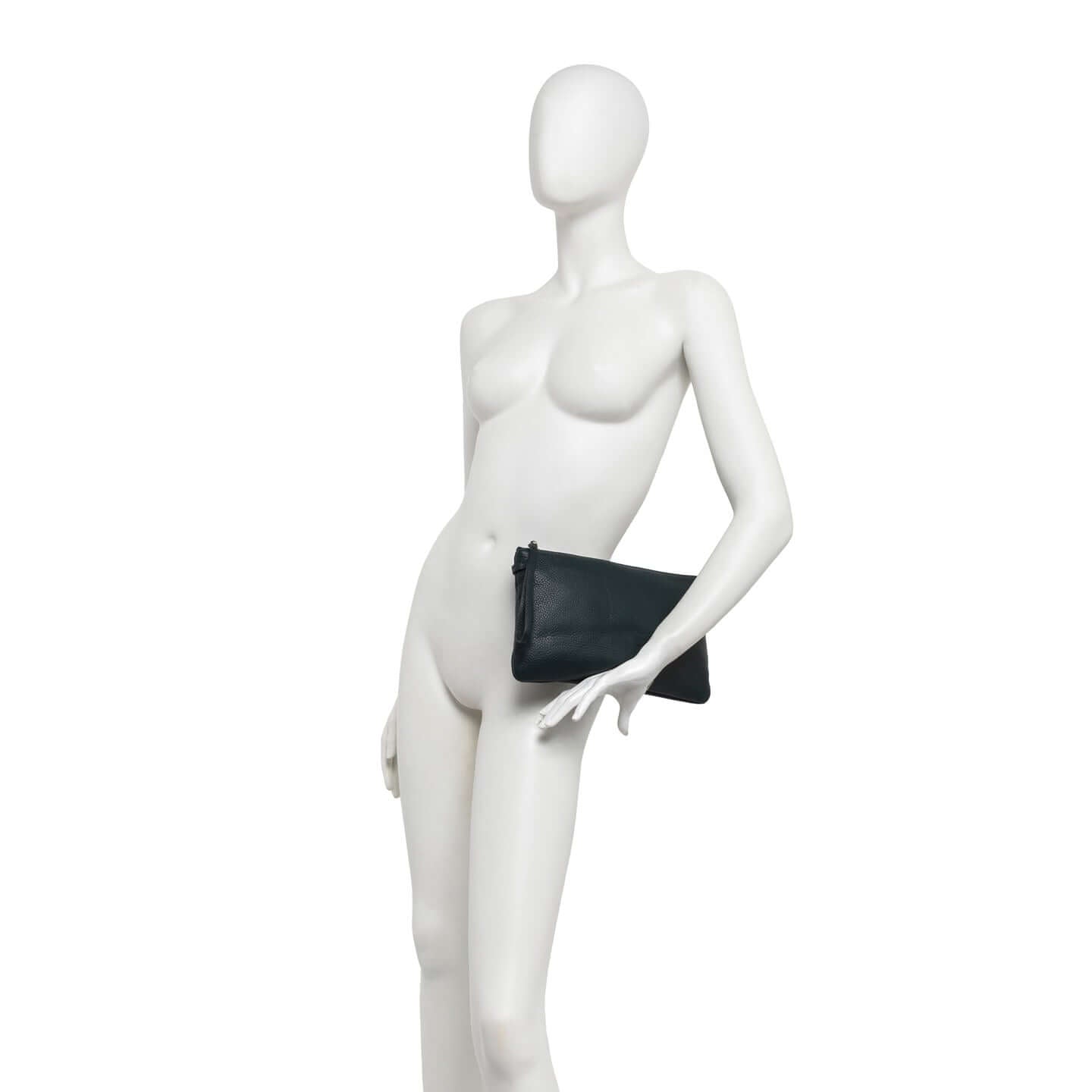 Stylish black leather Hermy clutch with contrasting zip detail, showcased on a mannequin.