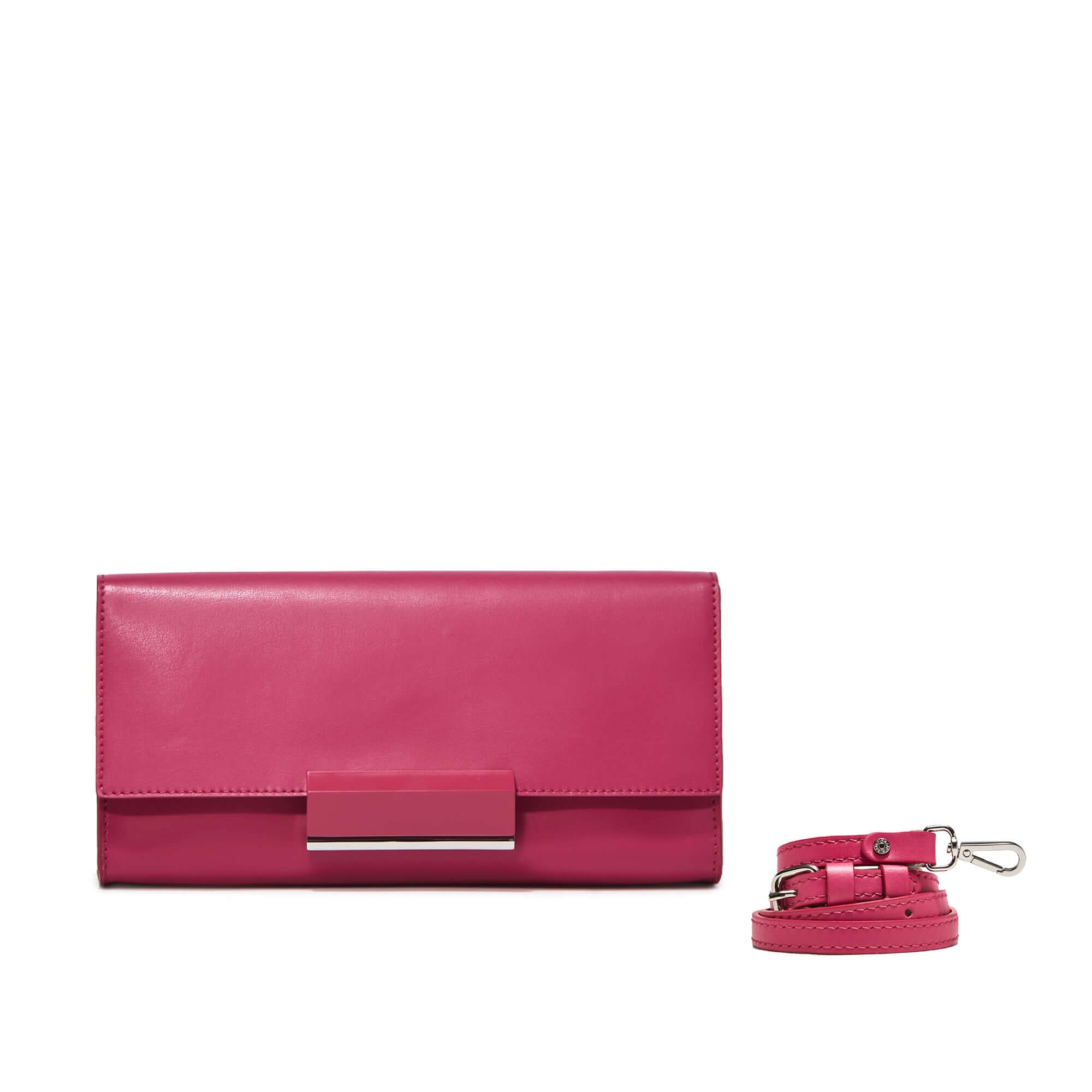 Pink leather clutch Lily by Gianni Chiarini with removable shoulder strap, dimensions 27x13x8 cm.