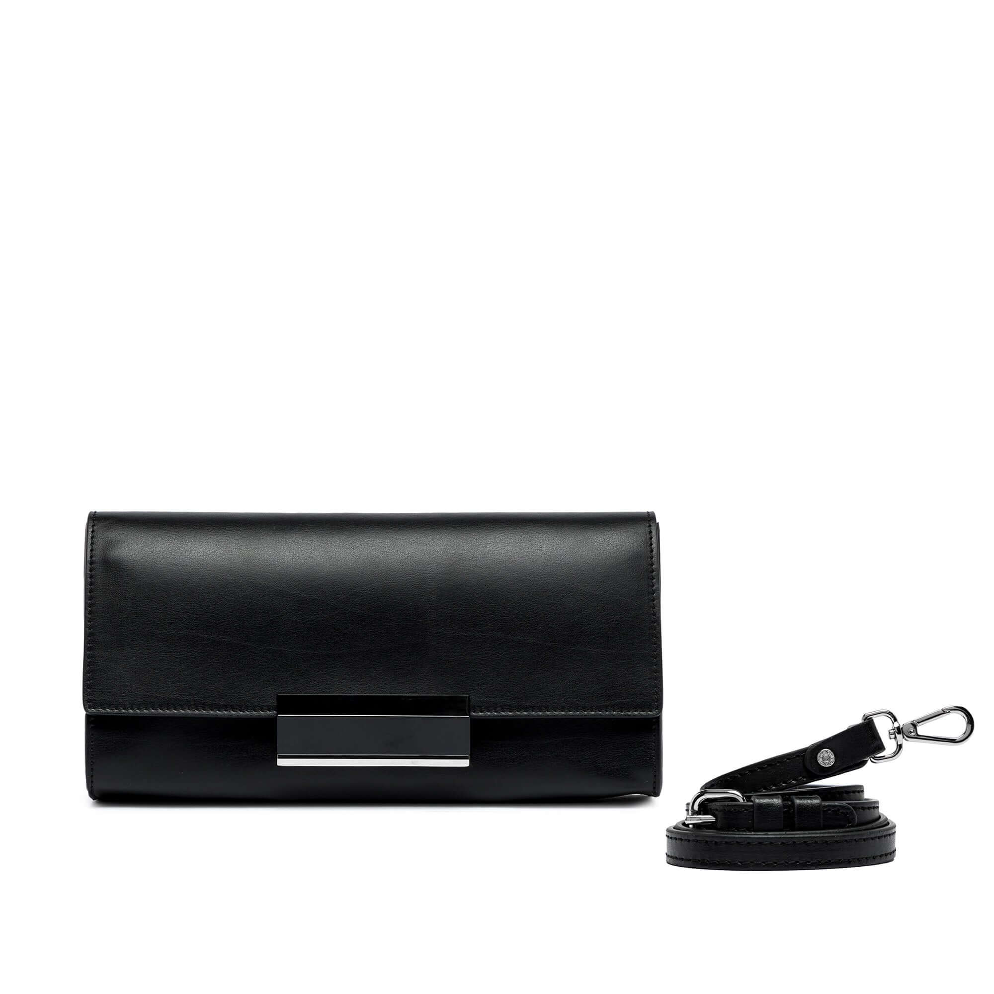 Elegant black leather clutch Lily by Gianni Chiarini with snap closure and removable shoulder strap, 27x13x8 cm.