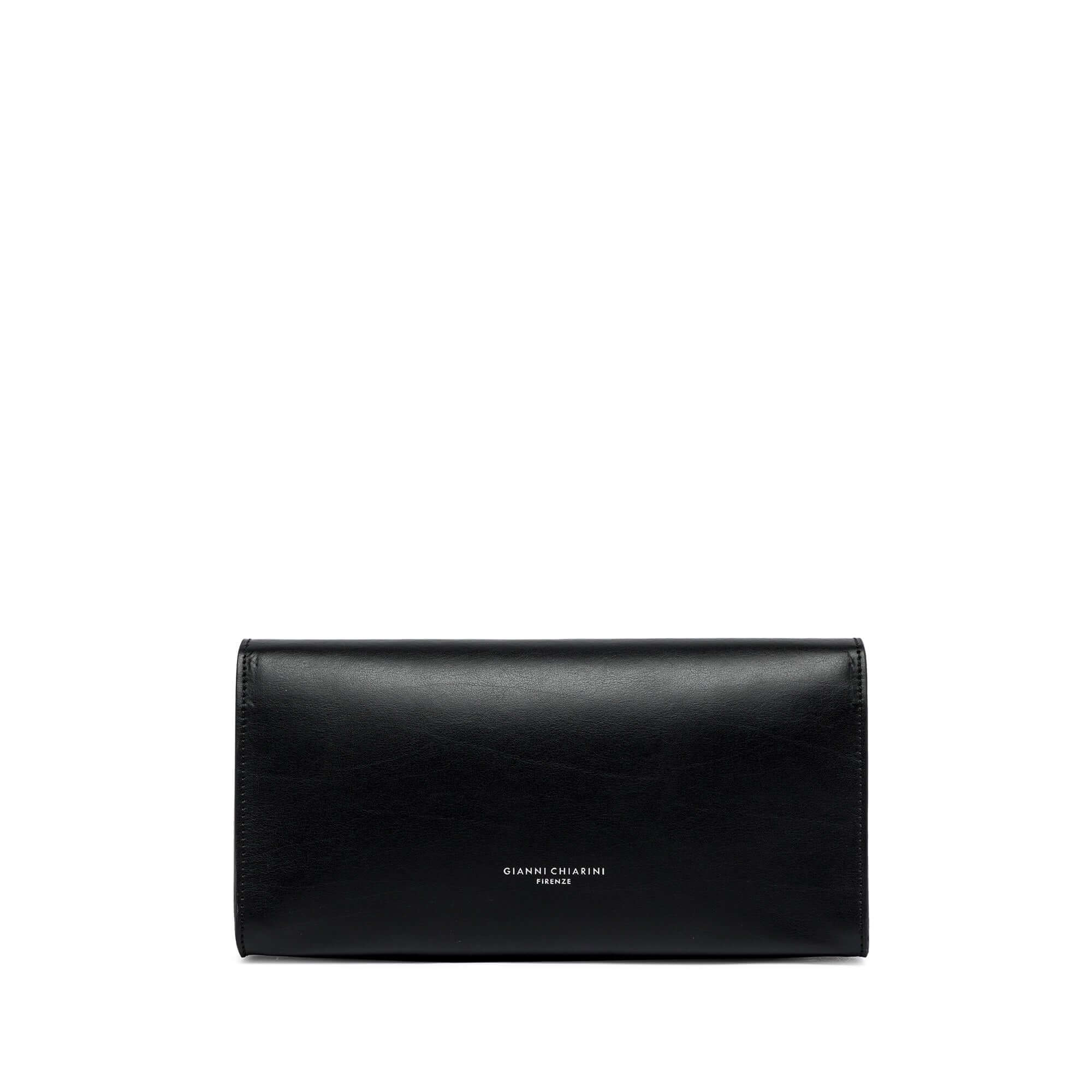 Gianni Chiarini Lily clutch in smooth black leather with snap closure and removable strap, dimensions 27x13x8 cm.