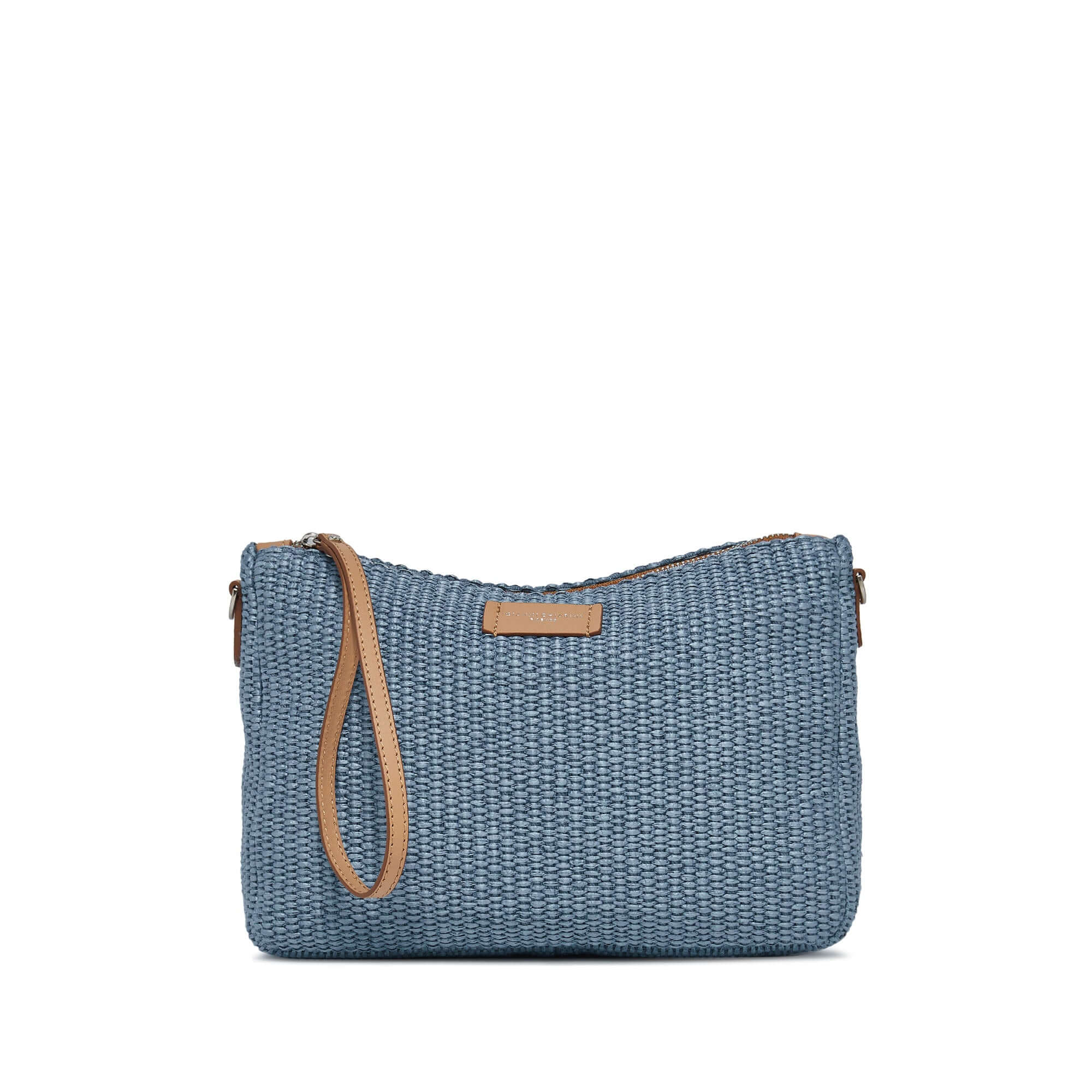 Nora Pouch in blue straw with smooth leather wrist strap and adjustable removable shoulder strap.
