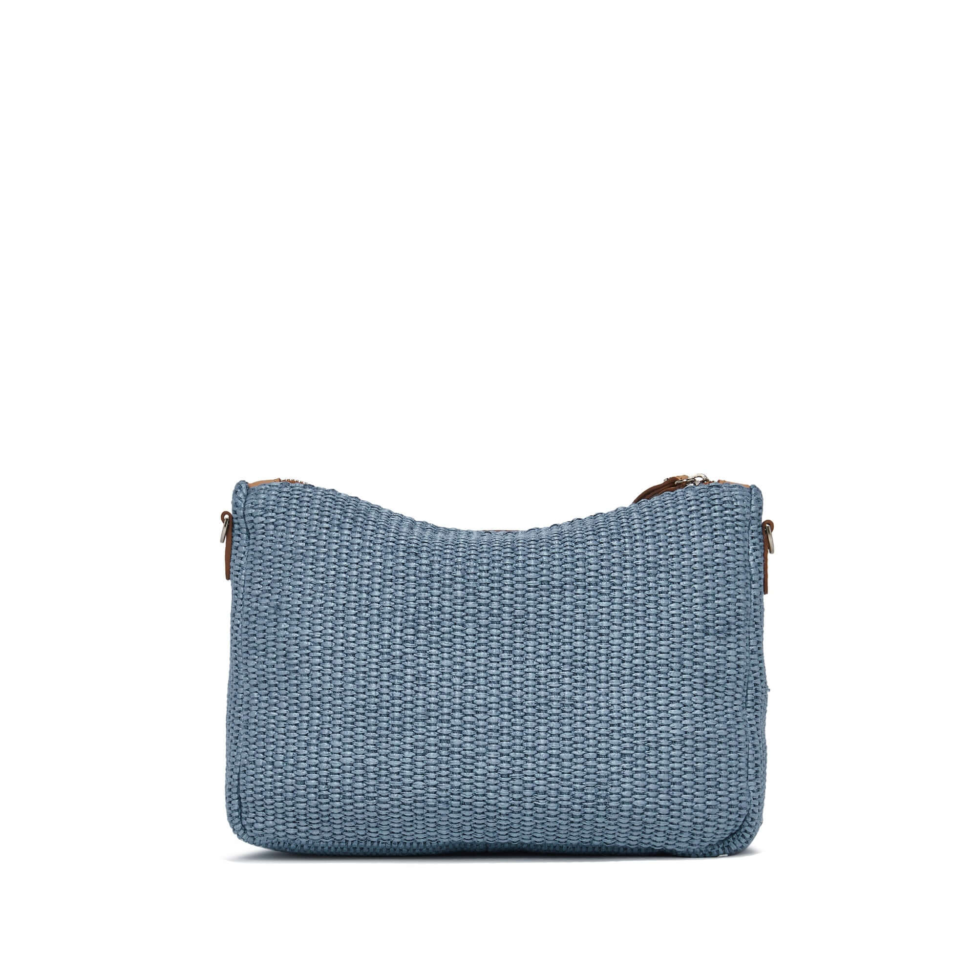 NORA POUCH in blue woven texture with zip closure, smooth removable leather wrist strap, and adjustable shoulder strap.