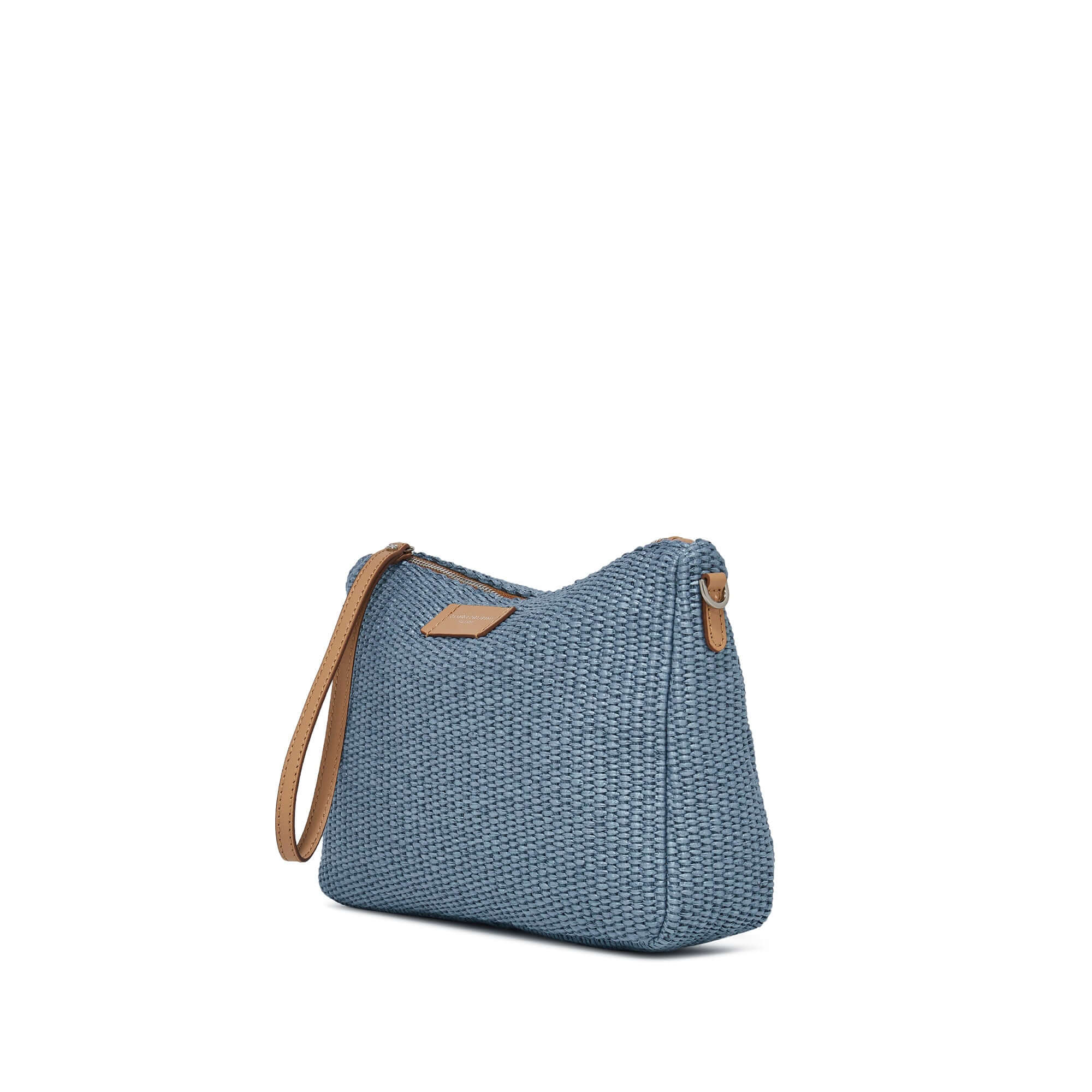 Nora Pouch in blue straw with smooth leather wrist strap and adjustable shoulder strap, featuring a zip closure.