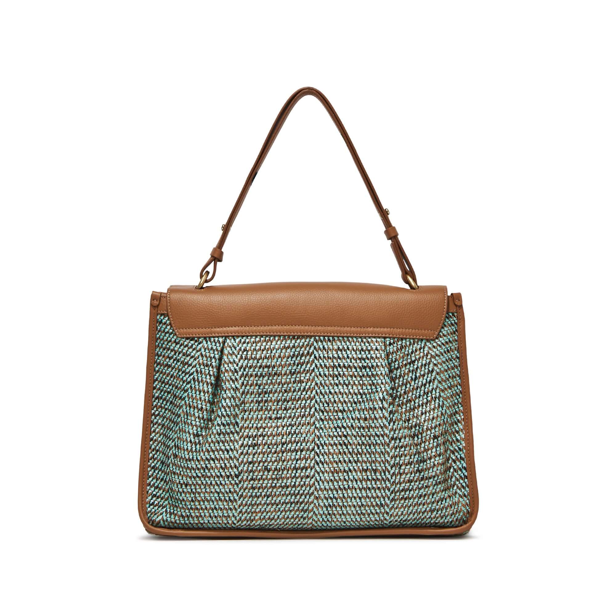Borsa a spalla Louise di Gianni Chiarini, in rafia intrecciata con manico in pelle regolabile, 31x28x12 cm.