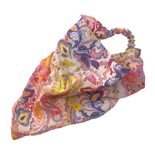 Fascia bandana con elastico, 100% seta, design colorato e paisley, accessorio moda versatile.