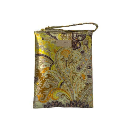 Custodia in tessuto nylon lavabile con fantasia colorata, chiusura zip e targhetta ETRO, misura 14x8,5 cm.