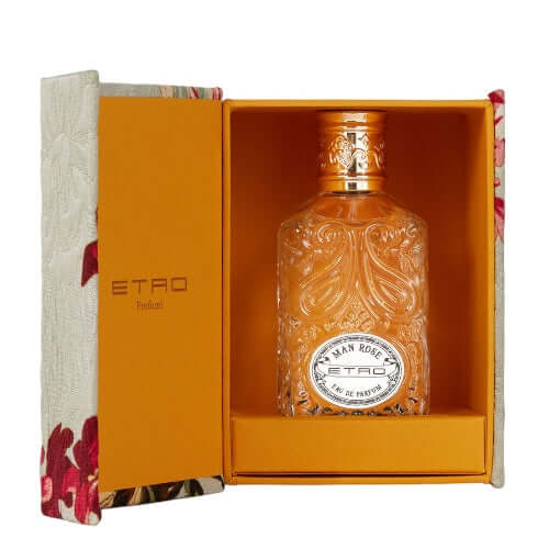 ManRose Eau De Parfum by ETRO in luxurious floral packaging, showcasing intricate details and elegant design.
