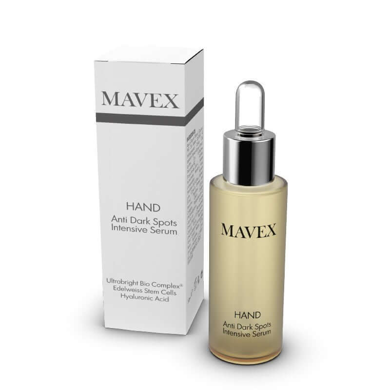 Anti Dark Spots Intensive Serum by Mavex, 30ml, targets skin discoloration and reduces dark spots on hands.