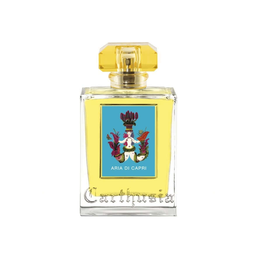Aria di Capri Eau De Parfum bottle showcasing vibrant design and golden cap, evoking fresh floral and marine notes.
