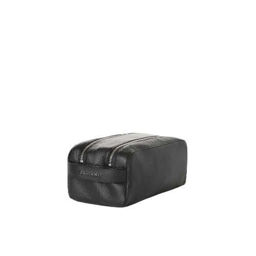 Beauty case in black hammered leather, featuring two zip compartments, made in Italy.
