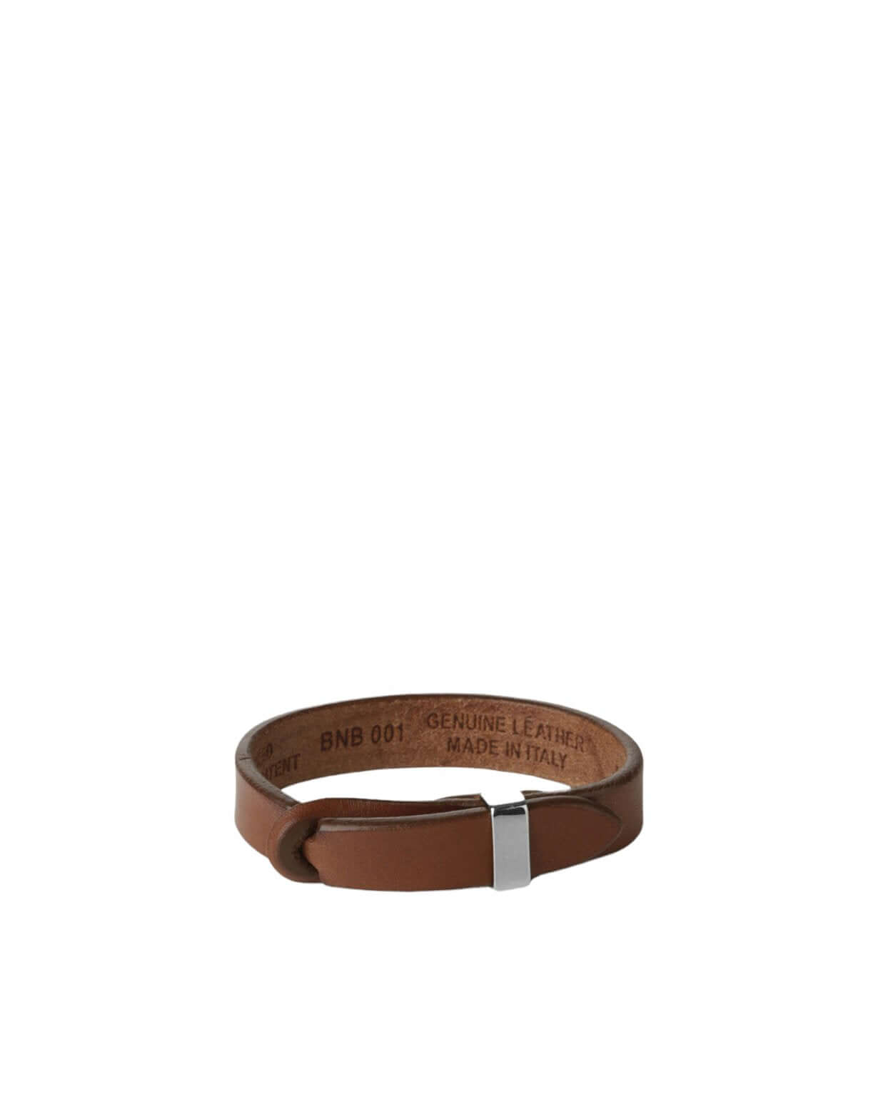 Bracciale Nobuckle in cuoio bruciato con dettaglio argento, made in Italy, elegante e alla moda.