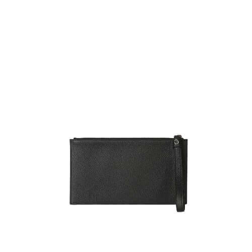 Elegante busta in pelle nera con polsiera, chiusura con zip e finitura nichel, misura 25x14 cm.