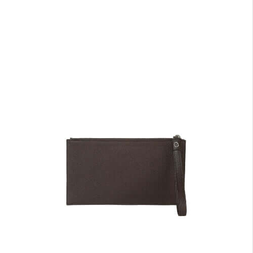 Busta in pelle con polsiera, chiusura zip, elegante e funzionale, dimensioni 25x14 cm.