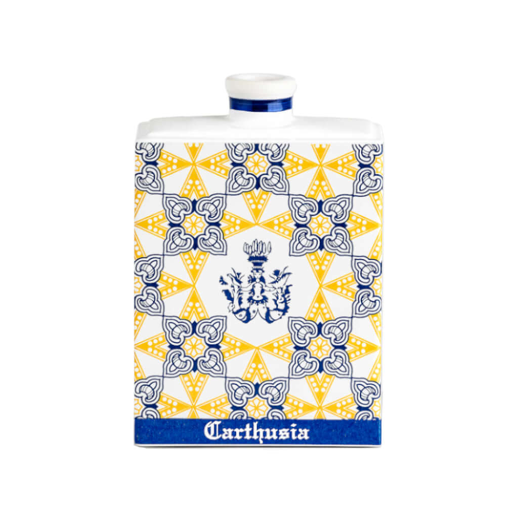 Ceramica Giallo Diffusore, artigianato campano, confezione elegante con design blu e giallo, ideale per fragranze.