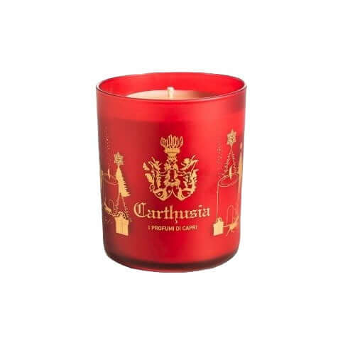 Christmas Limited Edition Candela in a red glass holder decorated with festive designs, 300g.