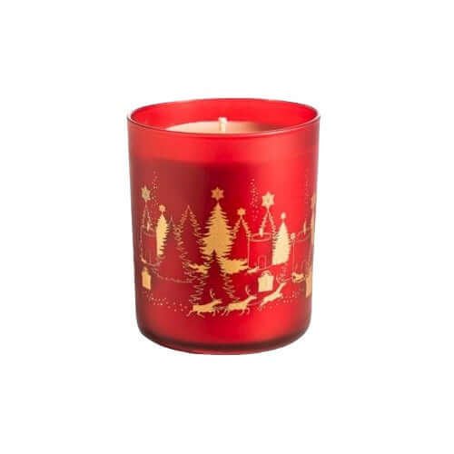Christmas Limited Edition red candle adorned with houses, trees, reindeer, and gift boxes, 300g.