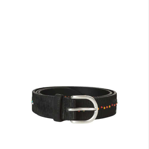 Cintura in cuoio nere con micro-borchie multicolor e fibbia argento, altezza 3,5 cm, Made in Italy.