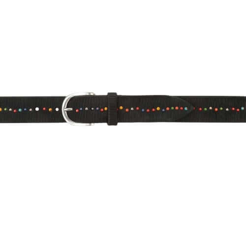 Cintura Blade in cuoio con micro-borchie multicolor, fibbia argento, altezza 3.5 cm, Made in Italy.