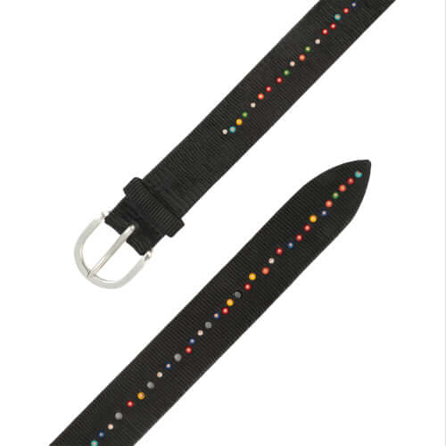 Cintura in cuoio nero con micro-borchie multicolor e fibbia argentata, altezza 3,5 cm, Made in Italy.