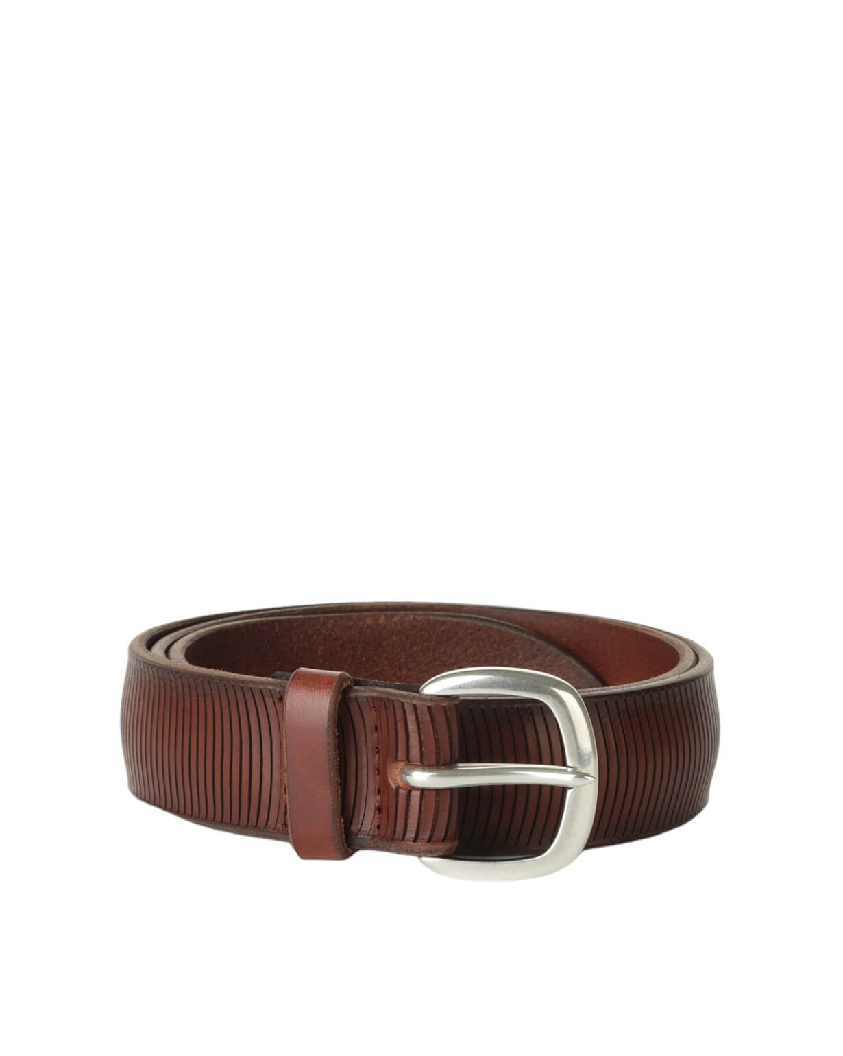 Cintura Bull Soft Bruciato in Cuoio, h. 3,5 cm, cuoio marrone con fibbia argento, decorazione incisa, made in Italy.
