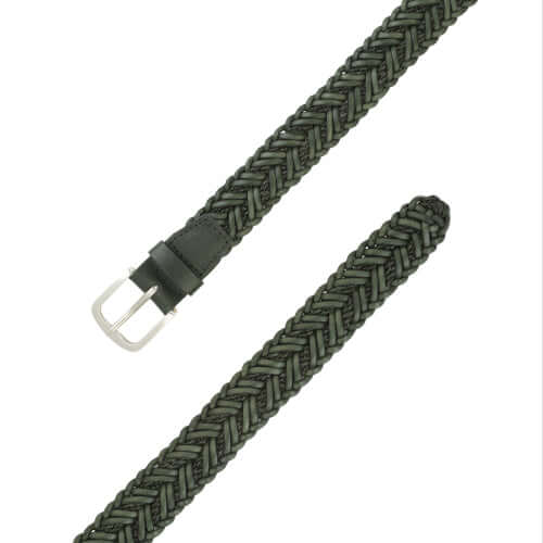 Cintura in cuoio verde intrecciato con fibbia in argento inglese, altezza 3,5 cm, Made in Italy.