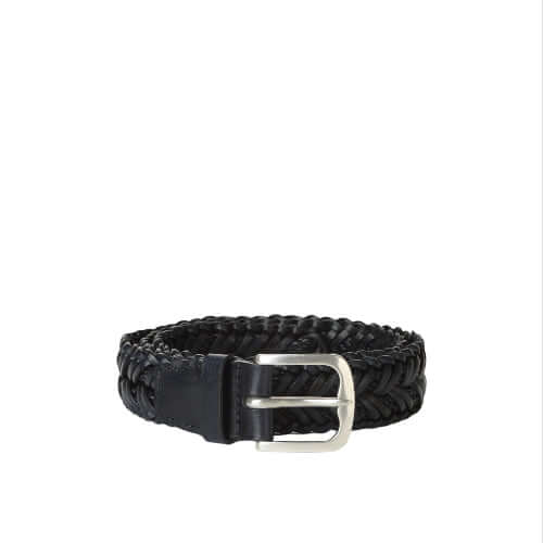 Cintura intrecciata in cuoio nero con fibbia argento, stile elegante, altezza 3,5 cm, Made in Italy.