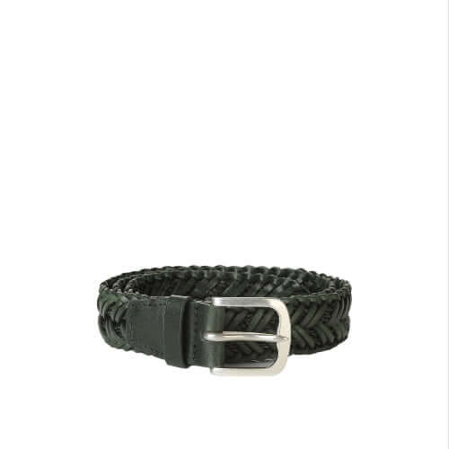 Cintura intrecciata in cuoio verde con fibbia argento da 3,5 cm, Made in Italy, elegante e resistente.