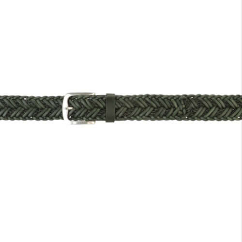 Cintura in cuoio verde intrecciato con fibbia argentata, altezza 3,5 cm, prodotto Made in Italy.