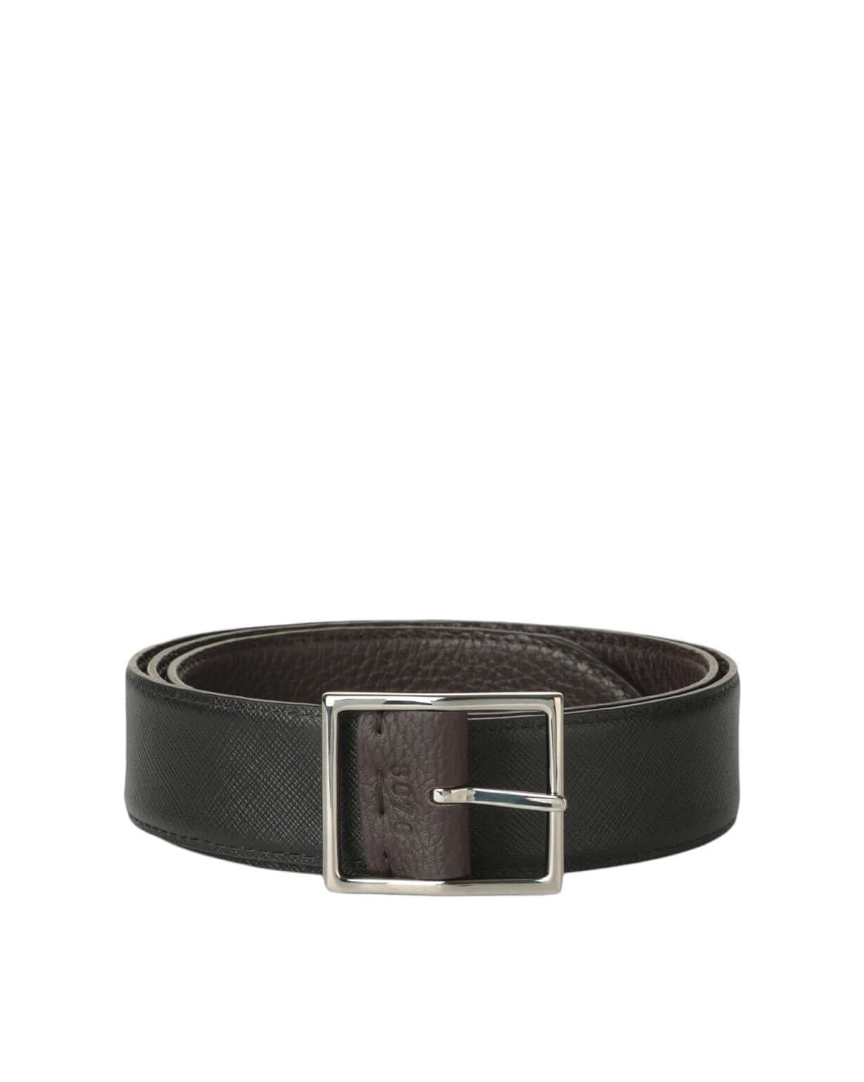 Cintura reversibile in pelle nera e ebano, fibbia nichel lucido, made in Italy, h. 3,5 cm.