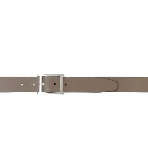 Cintura Monaco Double in Navy and Fango, reversible leather belt, palladium finish buckle, 3.5 cm, made in Italy.