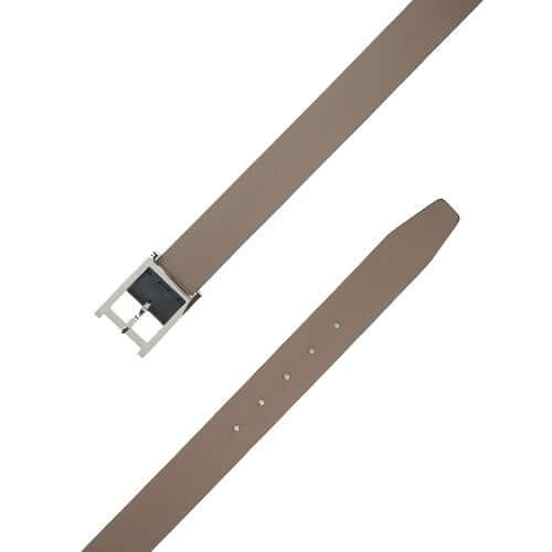 Cintura Monaco Double in Navy and Fango, reversible leather belt with palladium finish buckle, made in Italy.