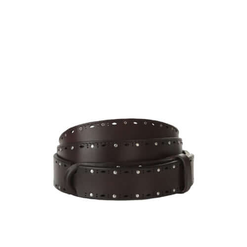 Cintura Nobuckle Bull in cuoio marrone con micro-borchie, altezza 3 cm, taglia unica, made in Italy.