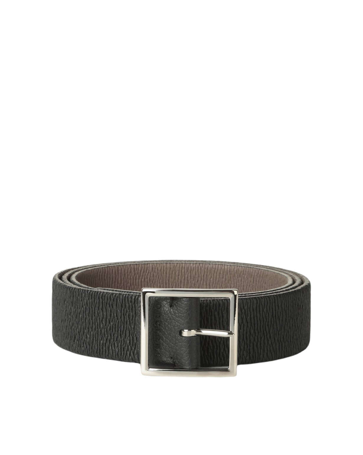 Cintura reversibile in pelle martellata nera con fibbia nichel lucido, altezza 3,5 cm, made in Italy.
