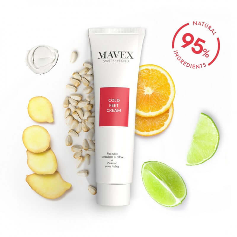 MAVEX Cold Feet Cream with ginger, citrus fruits, and natural ingredients for warming relief from cold feet.