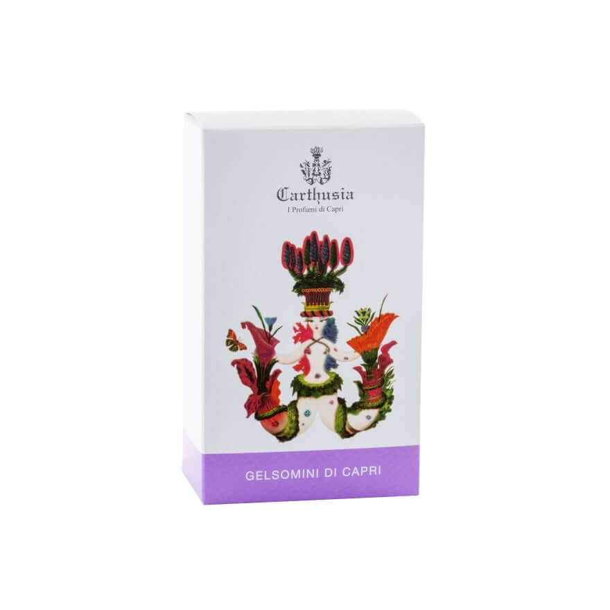 Packaging of Gelsomini di Capri Eau De Parfum, featuring colorful floral design and elegant branding.