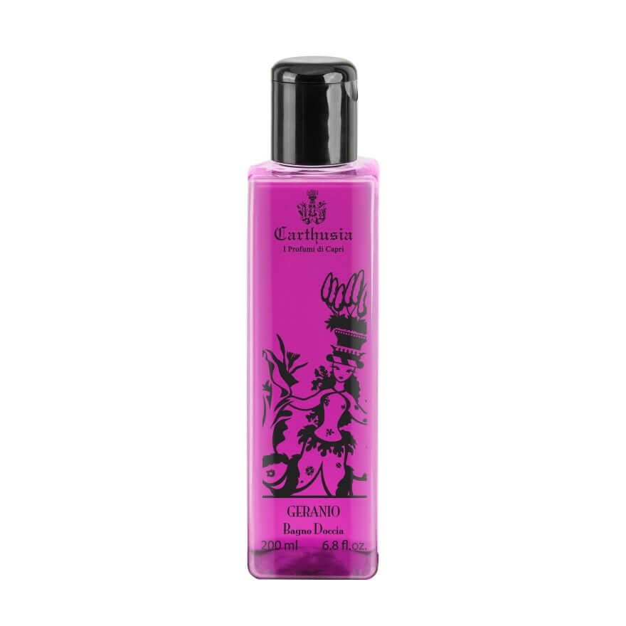 Geranio Bagno Schiuma 200 ml, un bagno doccia fluido con proprietà tonificanti e morbide per la pelle.